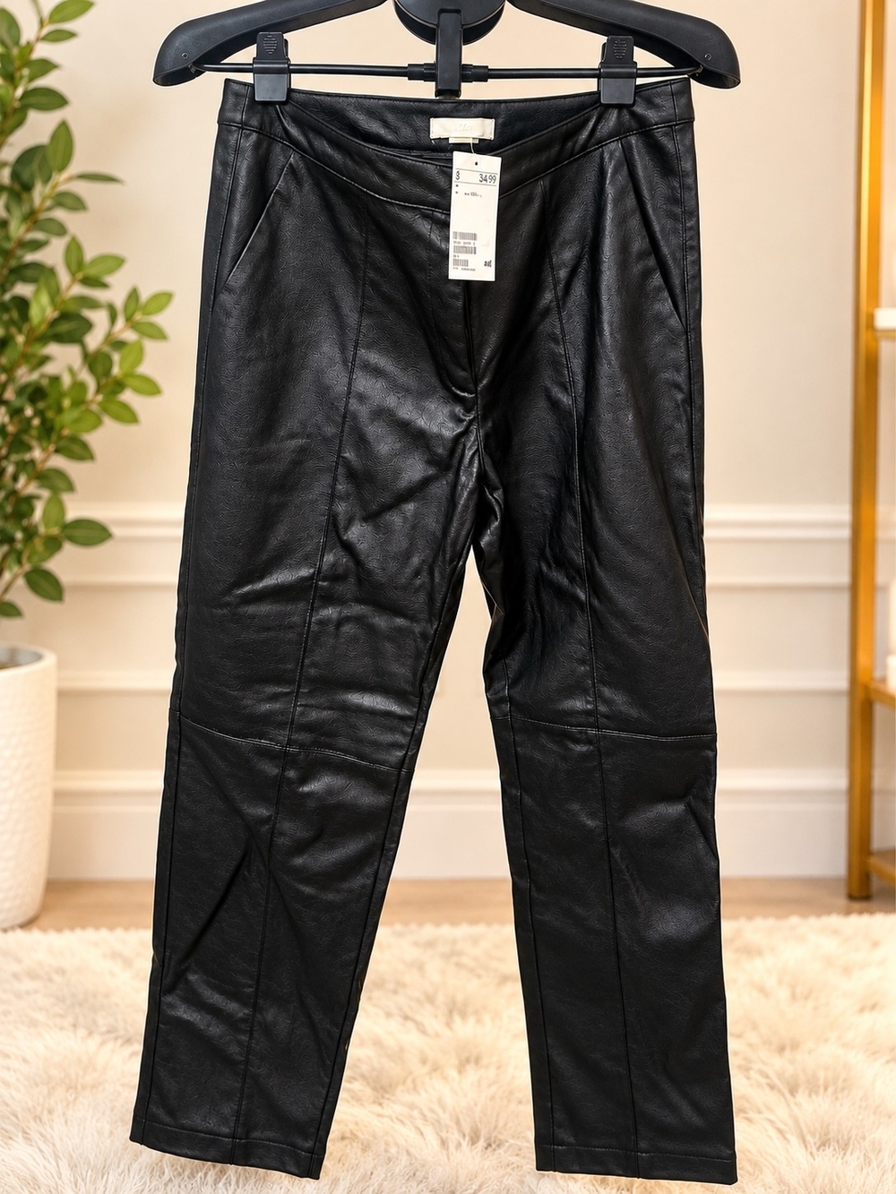 H&M Black Faux Leather Women's Straight-Leg Trousers